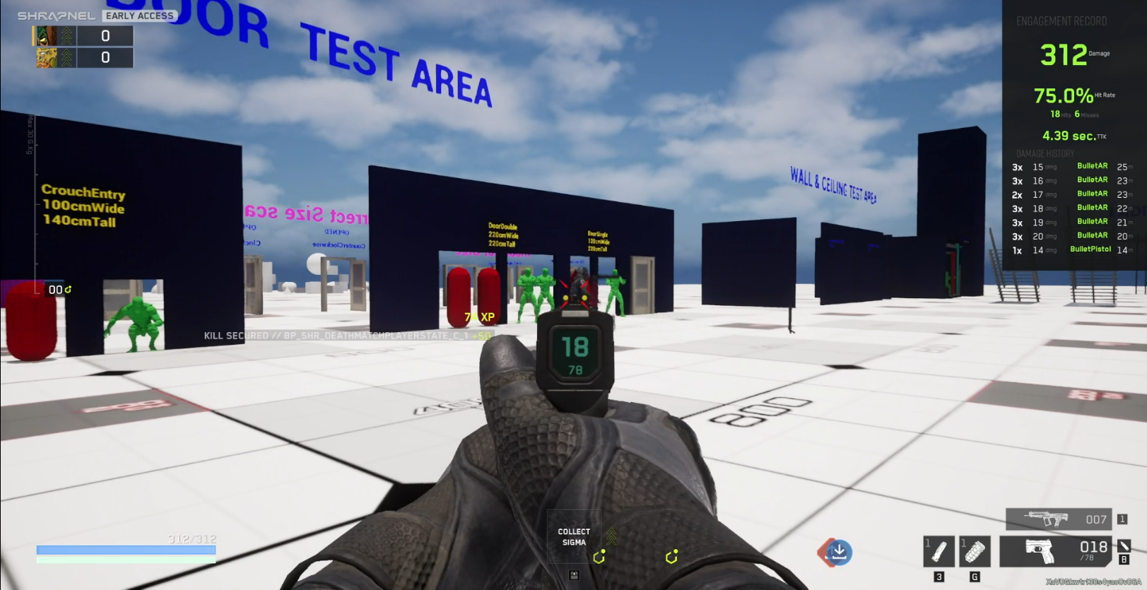 Engagement Record running live in a Shrapnel test area -- on-screen HUD shows damage, accuracy, and a session timer while the tester fires at labeled dummy targets