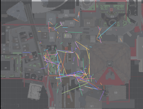 Top-down death heatmap overlay on Shrapnel level geometry